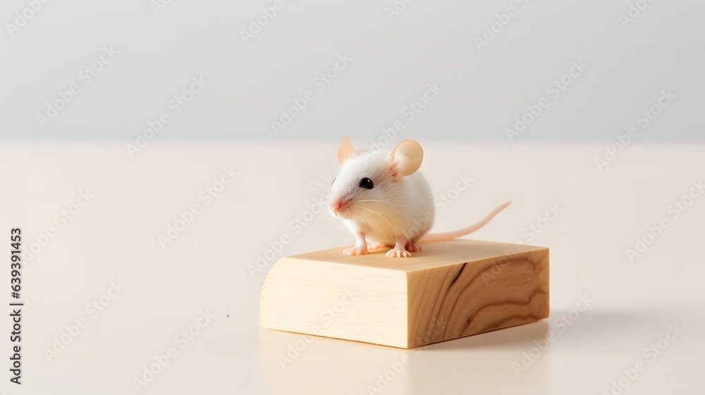 Poster a small mouse on a table on a white background