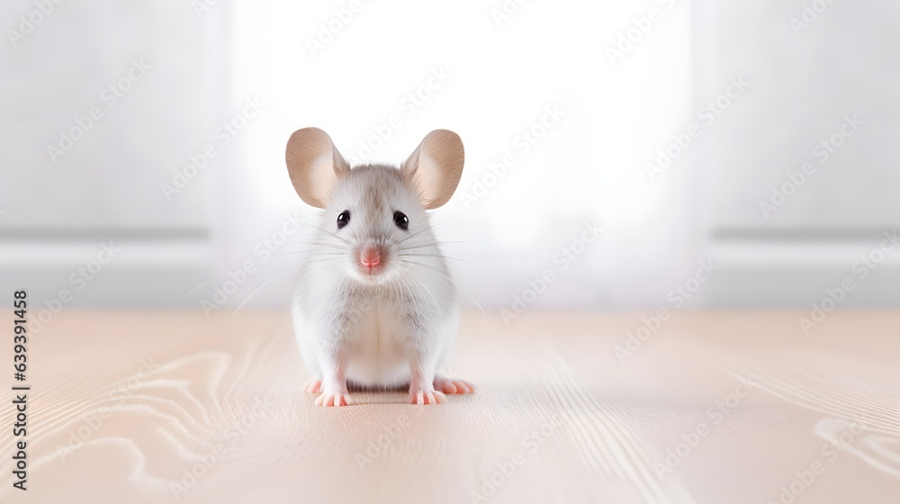 Poster a small mouse on a table on a white background