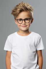Cute boy with trendy haircut and glasses wearing white outfit. T-shirt template, print presentation mockup.