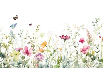 Fototapety  Fleurs, feuilles, plantes et papillons volants multicolores abstraits sans couture. Vecteurs de motif isolés sur fond blanc, illustration panoramique prairie d'été. IA générative, générative, IA.