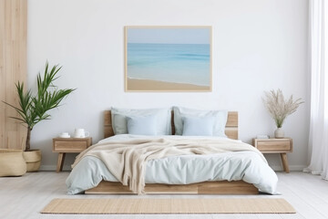 Modern nautical bedroom interior. Wooden double bed with pillows. Abstract light blue sea landscape wall art on a white wall.