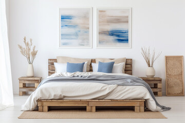Modern nautical bedroom interior. Wooden double bed with pillows, cozy furniture. Abstract light...