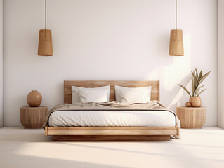 Modern beige bedroom with empty whate wall for mockups. Wooden double bed with pillows, cozy furniture. Room interior with copyspace. - obrazy, fototapety, plakaty