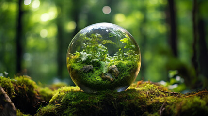 Environment. Glass Globe On Grass Moss In Forest - Green Planet With Abstract Defocused Bokeh Lights - Environmental Conservation Concept. AI generated