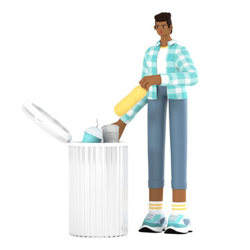 a man throws a bottle in the trash, actively cares about the environment, he does it to preserve nature and prevent environmental pollution.3d rendering of the illustration.