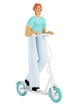 A young girl riding an electric scooter probably loves adventures, so choosing an electric scooter as a means of transportation looks eco-friendly. 3d rendering of an illustration.