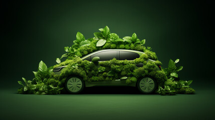 Little green eco car made of mos and leaves on green background
