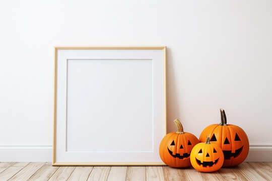 An empty vertical wooden frame for mockup stands near the jack o lantern pumpkins. White wall background. Halloween decor.