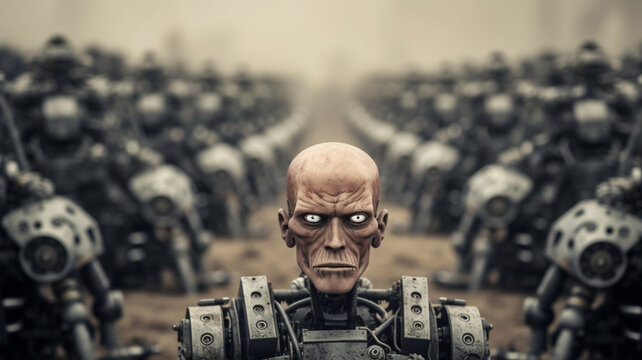humanoid android robot with artificial intelligence, evil or killer and killing machine, destruction and war or extinction of humanity and end of the world and apocalypse or autonomous weapon 