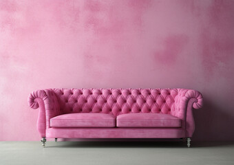 Pink sofa near a textured wall. Modern monochrome interior for mockup, wall art. Promotion background with copyspace.