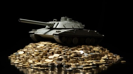 War Economics: Miniature Tank on Coins Representing the Cost of Military Operations