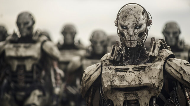 humanoid android robot with artificial intelligence, evil or killer and killing machine, destruction and war or extinction of humanity and end of the world and apocalypse