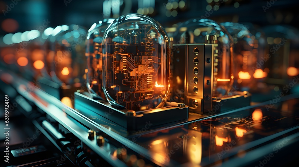 Poster abstract concept of the future quantum computer in orange color