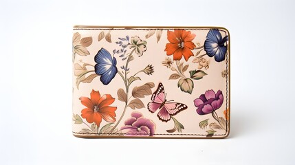 a wallet with a butterfly pattern on a white background