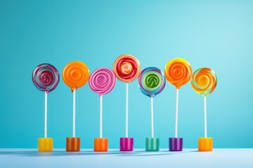 Fototapeta na wymiar Assorted colorful lollipops on a stand against a bright blue background, showcasing minimalistic vibrancy
