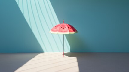 An inventive watermelon slice umbrella on a blue canvas; where summer's delight meets whimsical design under sunlight and shadow