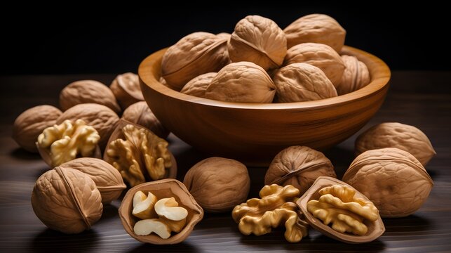 walnuts in a bowl on the table on a black background