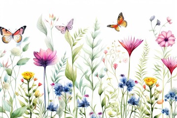 Fleurs, feuilles, plantes et papillons volants multicolores abstraits sans couture. Vecteurs de motif isolés sur fond blanc, illustration panoramique prairie d'été. IA générative, générative, IA.