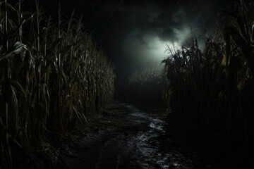 spooky scene of a empty corn field by night. Halloween background. 