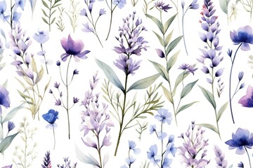 Fleurs, feuilles, plantes et papillons volants multicolores abstraits sans couture. Vecteurs de motif isolés sur fond blanc, illustration panoramique prairie d'été. IA générative, générative, IA.