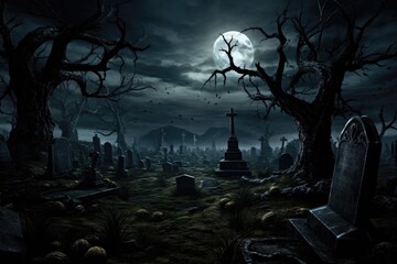spooky graveyard by night. halloween background.  - obrazy, fototapety, plakaty