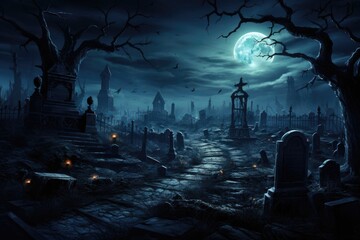 spooky graveyard by night. halloween background.  - obrazy, fototapety, plakaty