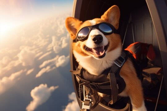 A corgi dog with glasses is sitting on a plane, preparing for a parachute jump