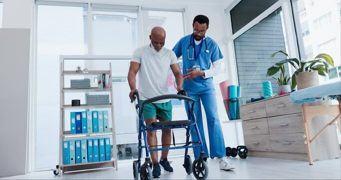 Senior care, rehabilitation and physiotherapist with old man, walking and healthcare at nursing home. Physio, nurse or caregiver with elderly patient on walker for mobility training clinic in Africa.