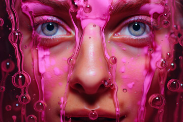 Extreme close up of girl's face with pink and magenta water drops.