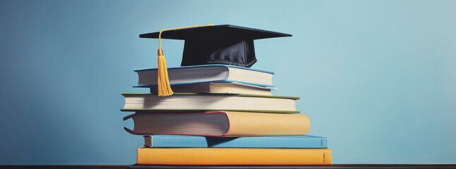 Books with academic hat on light blue background. The concept of learning, studying and graduation. - obrazy, fototapety, plakaty