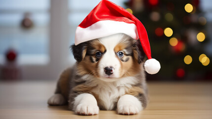 Fototapeta na wymiar A cute puppy wearing a festive santa