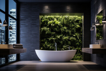 Luxurious modern bathroom with a green wall  and plants with a view of the big city. The concept of modern interior design.