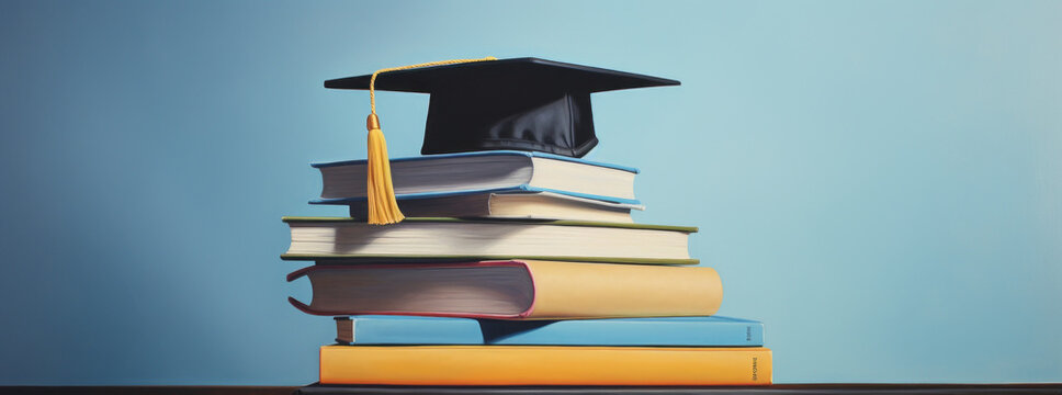 Books with academic hat on light blue background. The concept of learning, studying and graduation.