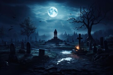 In the eerie graveyard, shadows dance among tombstones, whispering chilling tales of restless...