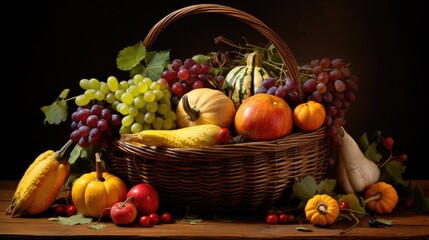 Obraz na płótnie Canvas Bountiful Autumn: A Vibrant Harvest Basket Overflowing with Seasonal Delights Illuminated by Golden Light