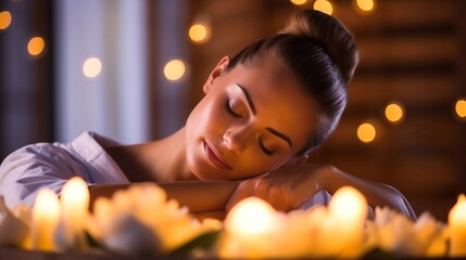 woman relaxing in tropical resort ,green plant and blurred candle light