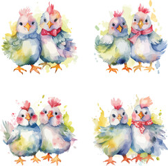 Watercolor chickens and roosters collection of colorful hens