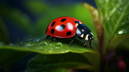 A ladybug perched on a vibrant green