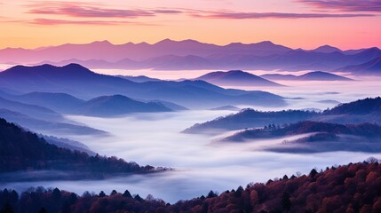  a view of a mountain range covered in fog at sunset.  generative ai