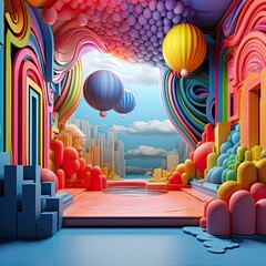 Multicolored bright background psychedelic interior in 3d effect
