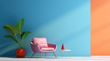  a pink chair and a pink chair next to a potted plant.  generative ai