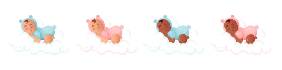 Sleeping baby set on clouds, boys and girls. Multicultural boys and girls characters in cartoon style.