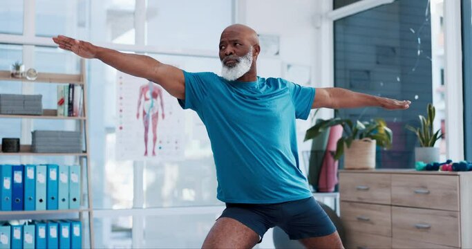 Fitness, yoga and rehabilitation with a senior black man in a physiotherapy office for training or wellness. Exercise, workout and recovery with an elderly patient in a clinic for physical therapy
