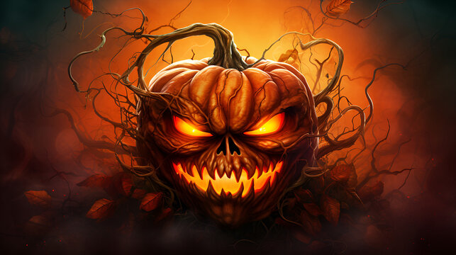 Scary pumpkin face painting Halloween background roots wallpaper glowing eyes fright night. Generative AI