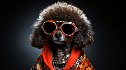 a funny hip-hop poodle dog wearing sunglasses in a disco style look