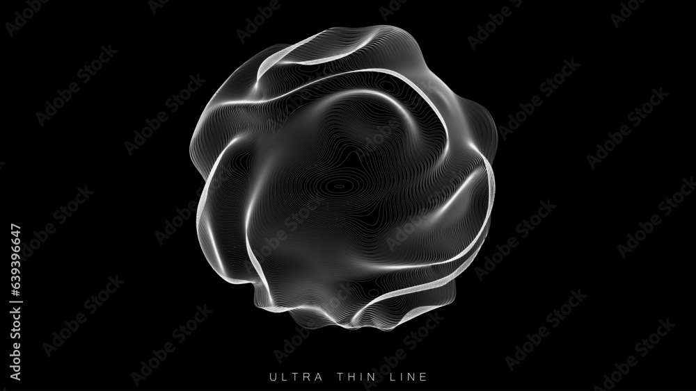 Poster ultra thin line fluid geometry. dynamic vector distorted spheres.