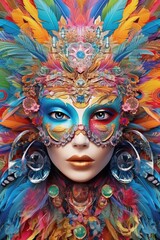 Carnival Feather Headdress - Young Woman with Colorful Stage Makeup