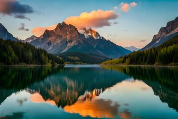 Fototapeta na wymiar Sunset at a calm mountain lake in Austria with mirror-like reflection