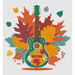 Artistic illustration with a six-string guitar and autumn leaves. For music magazines; banners; concert banner template; country music, rock performance, invitation cards