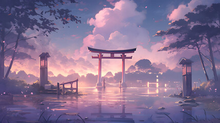 Anime Style Inspired, Enchanting Japanese Torii Gate Illustration. Generative AI - obrazy, fototapety, plakaty